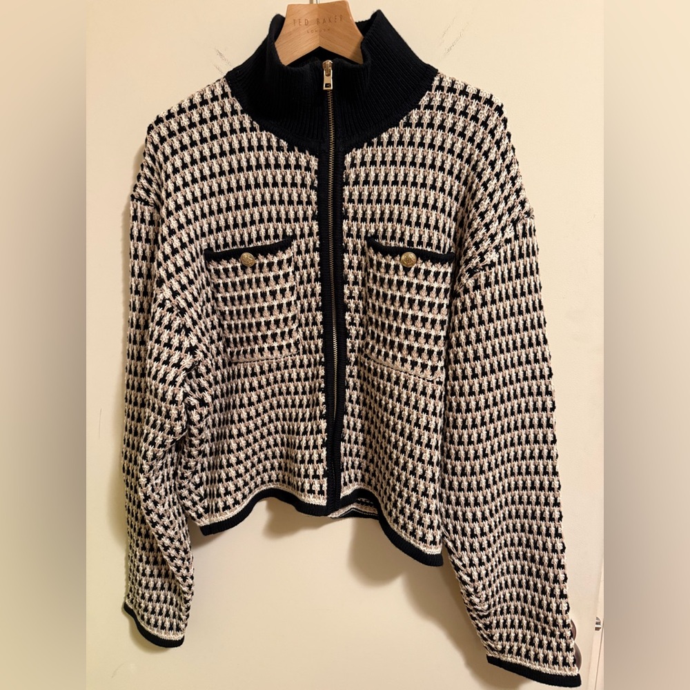 J. Crew Black and Cream Houndstooth Cardigan